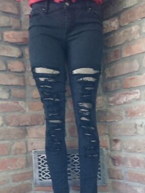 Vtg Royal Bones Black Distressed  Women's Jeans with Fishnet Insets Size 11